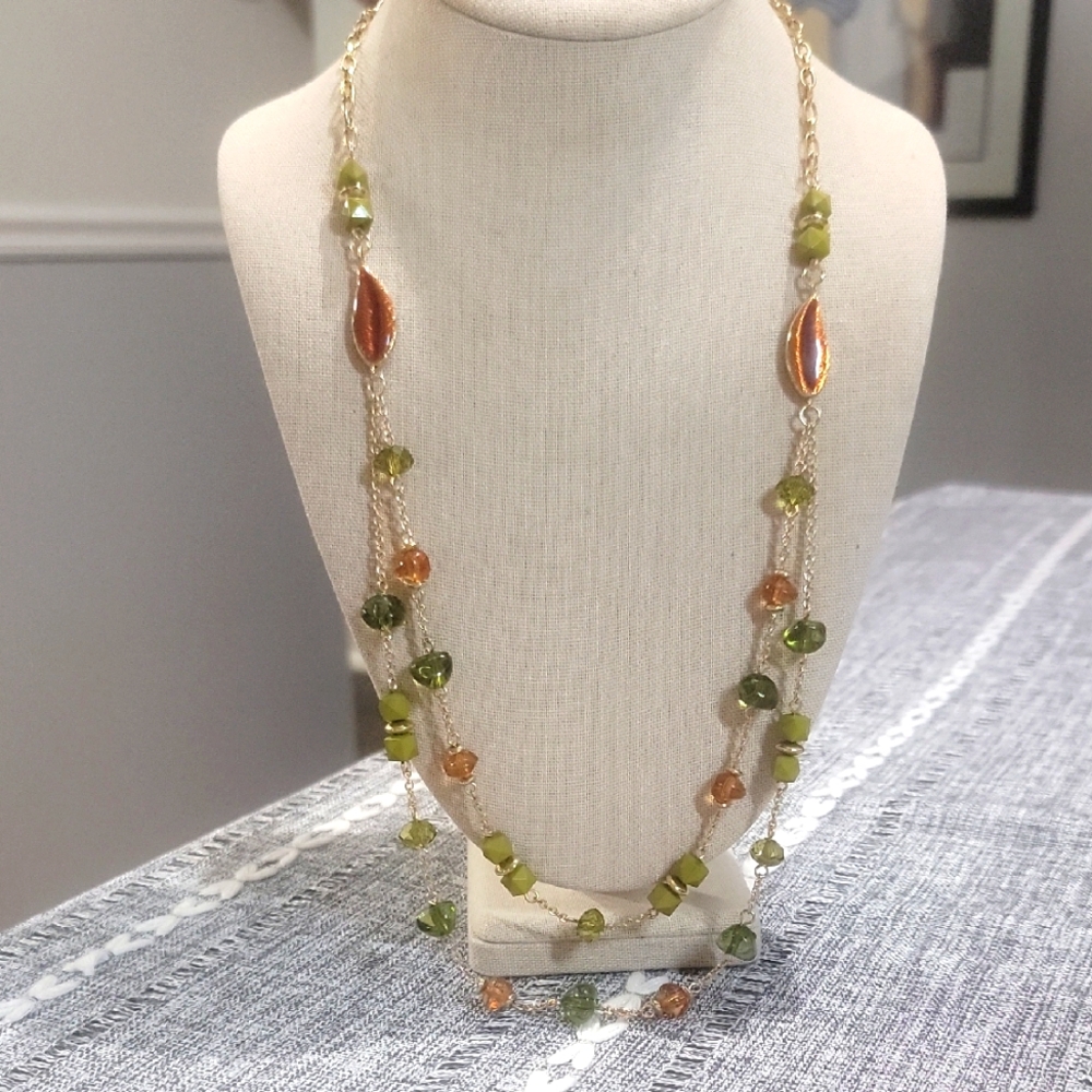 Lane BRYANT Green and Gold Bohemian Necklace with Natural Stones 26"